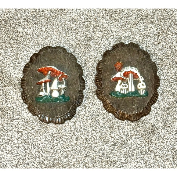 Vintage Homco Mushroom Wall Art Set Faux Wood Oval Textured Hanging Decor - Picture 7 of 7